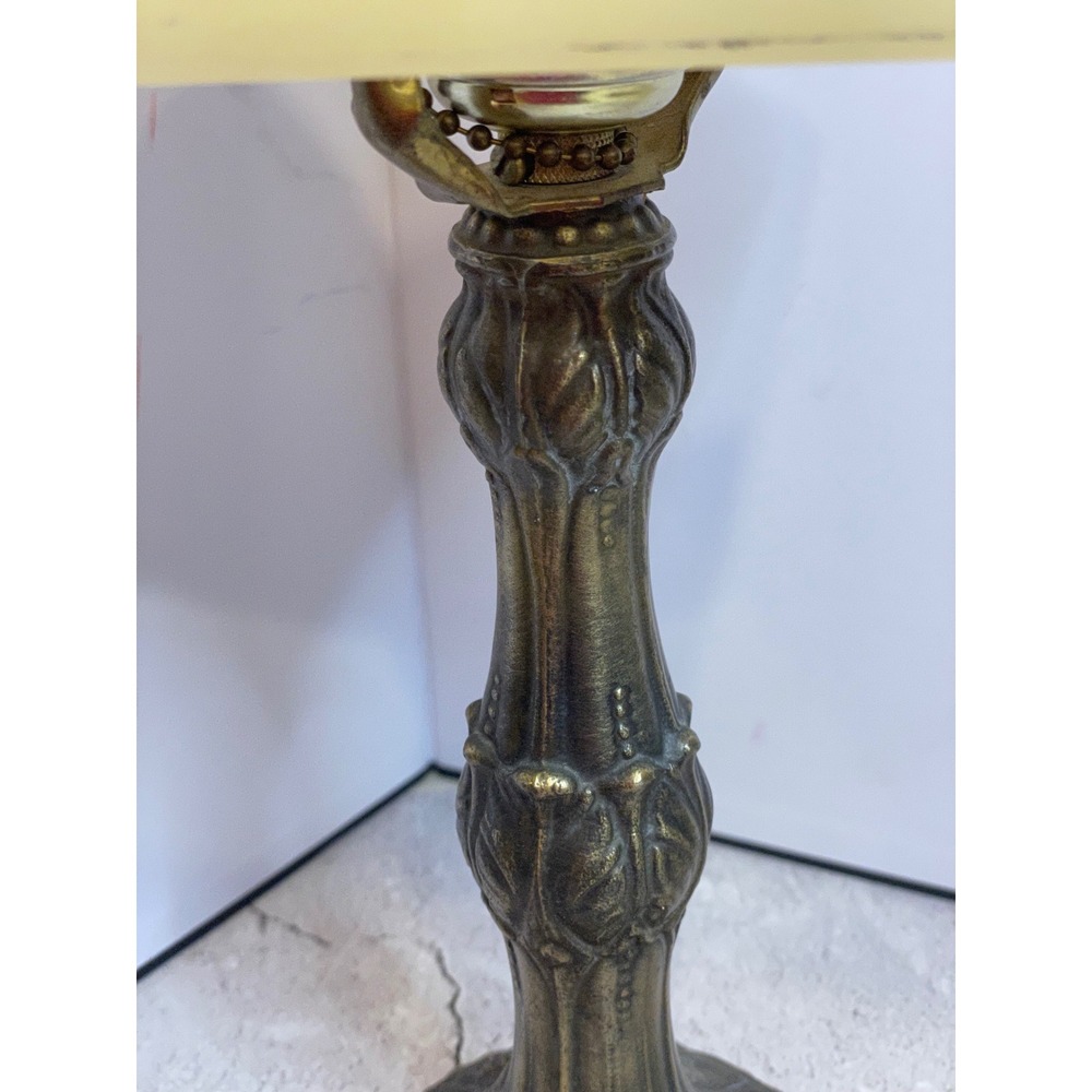 Vintage Desk Lamp Art Nouveau Brass Base Frosted Amber Glass Bell Shade - Picture 7 of 16